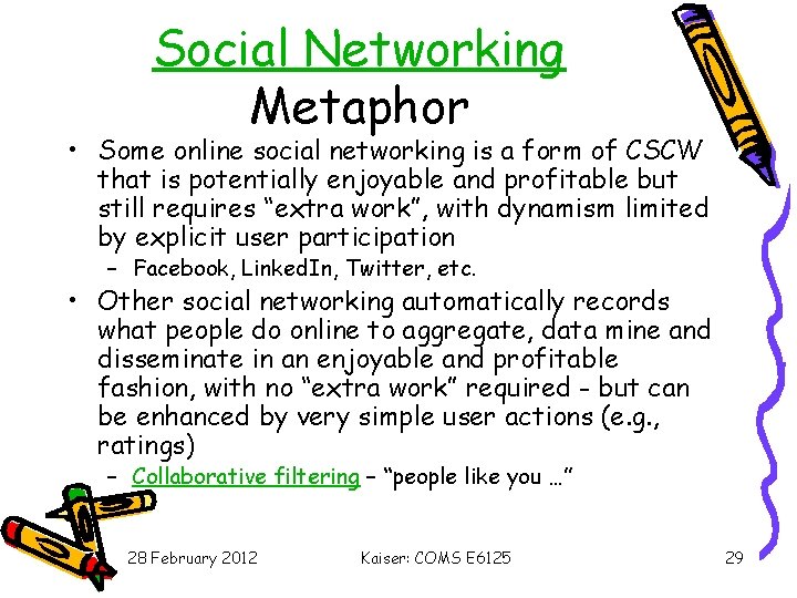 Social Networking Metaphor • Some online social networking is a form of CSCW that