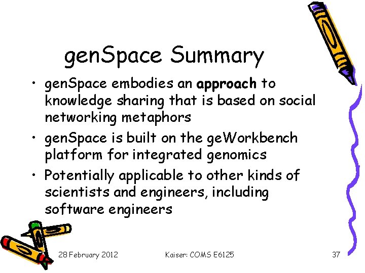 gen. Space Summary • gen. Space embodies an approach to knowledge sharing that is