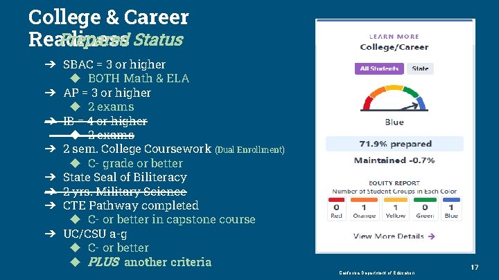 College & Career Prepared Status Readiness ➔ SBAC = 3 or higher ◆ BOTH