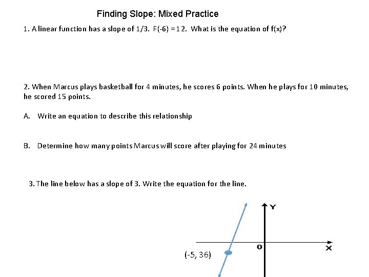 Finding Slope: Mixed Practice 1. A linear function has a slope of 1/3. F(-6)