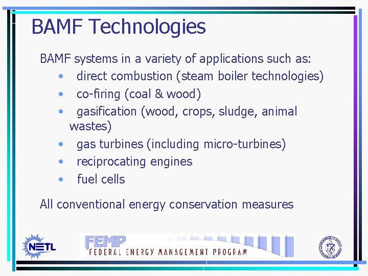 BAMF Technologies BAMF systems in a variety of applications such as: • direct combustion