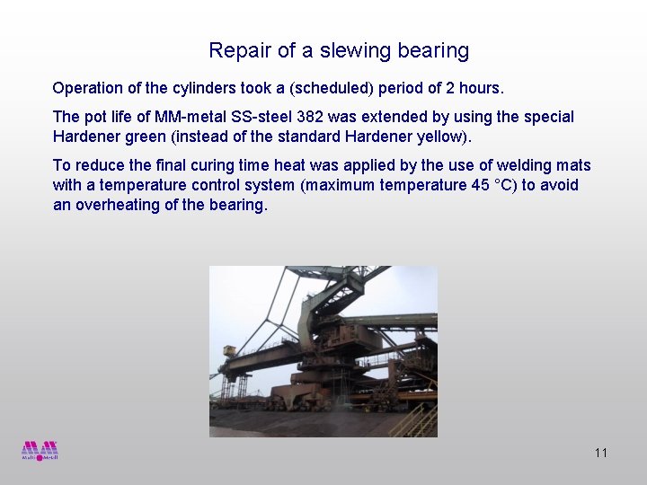 Repair of a slewing bearing Operation of the cylinders took a (scheduled) period of