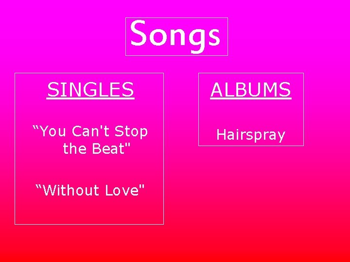 Songs SINGLES ALBUMS “You Can't Stop the Beat" Hairspray “Without Love" 