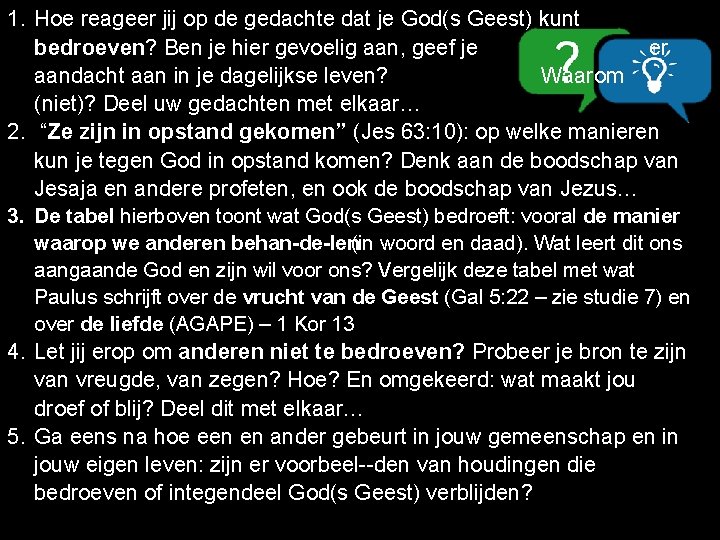 1. Hoe reageer jij op de gedachte dat je God(s Geest) kunt bedroeven? Ben