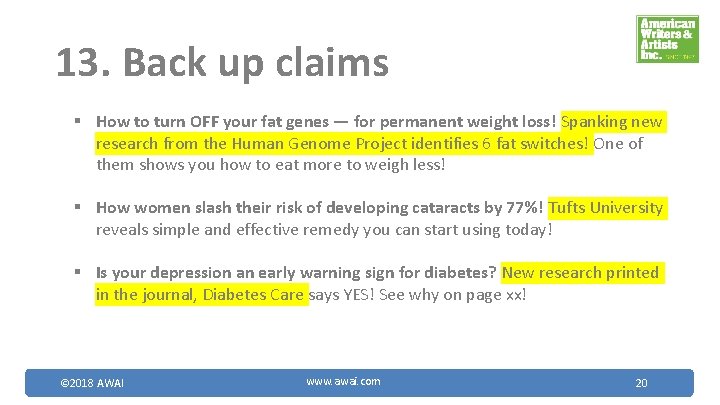 13. Back up claims § How to turn OFF your fat genes — for