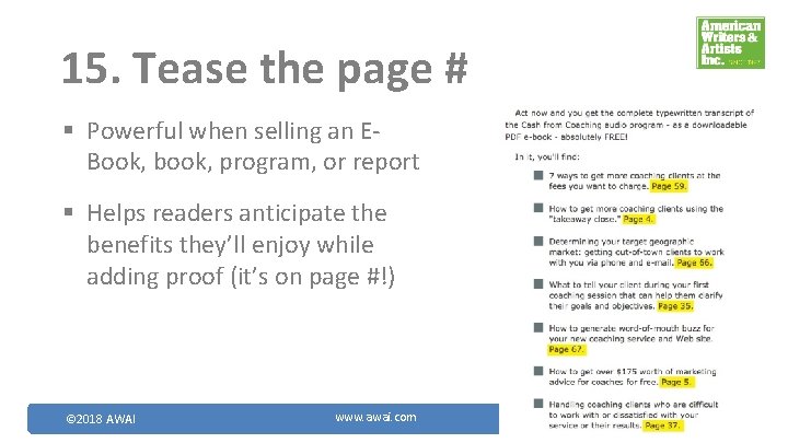15. Tease the page # § Powerful when selling an EBook, book, program, or