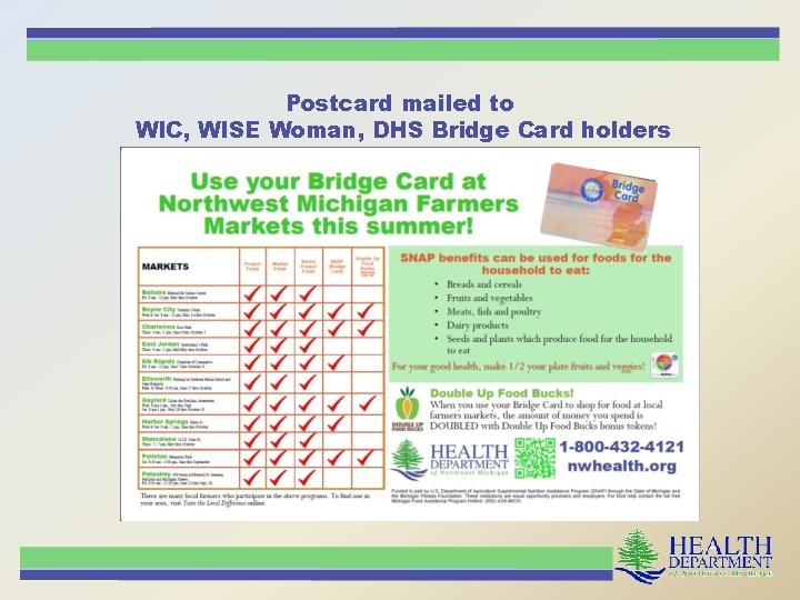 Postcard mailed to WIC, WISE Woman, DHS Bridge Card holders 