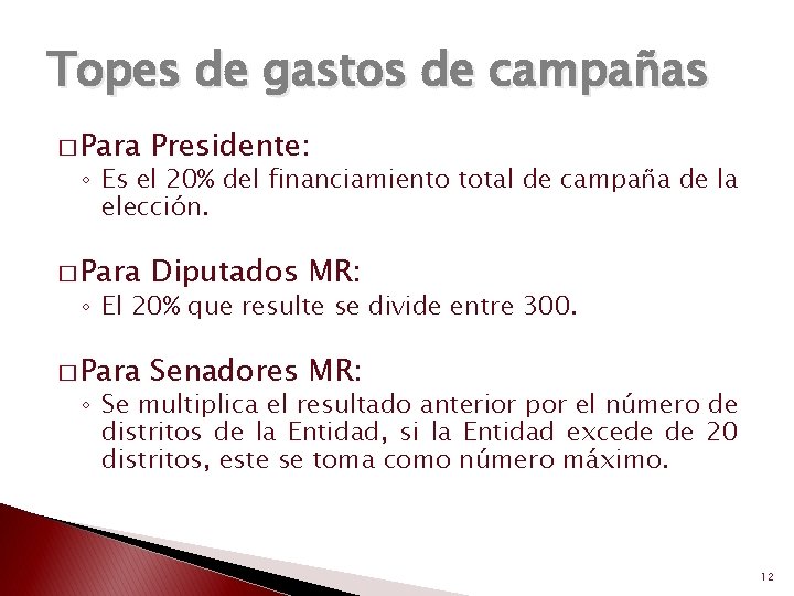 Topes de gastos de campañas � Para Presidente: � Para Diputados MR: � Para