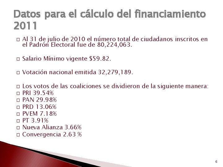 Datos para el cálculo del financiamiento 2011 � Al 31 de julio de 2010