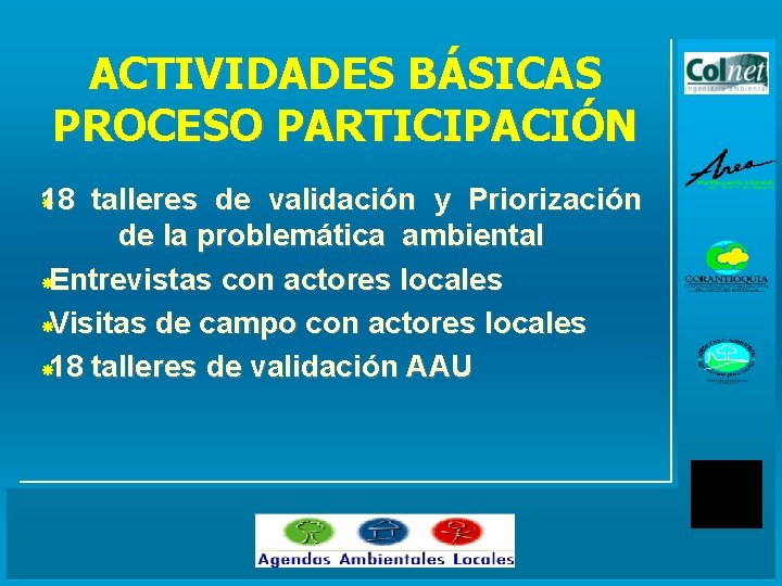 ACTIVIDADES BÁSICAS PROCESO PARTICIPACIÓN 18 talleres de validación y Priorización de la problemática ambiental