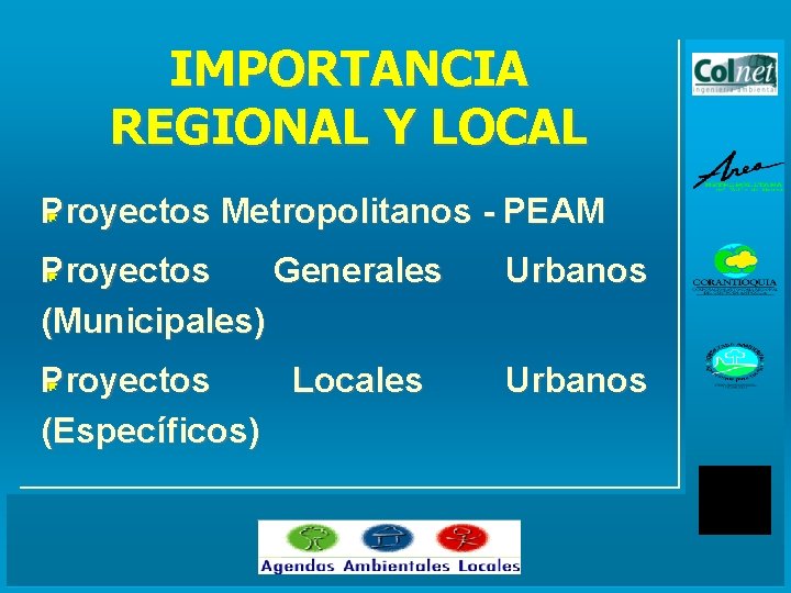 IMPORTANCIA REGIONAL Y LOCAL Proyectos Metropolitanos - PEAM Proyectos Generales Proyectos (Municipales) Urbanos Proyectos