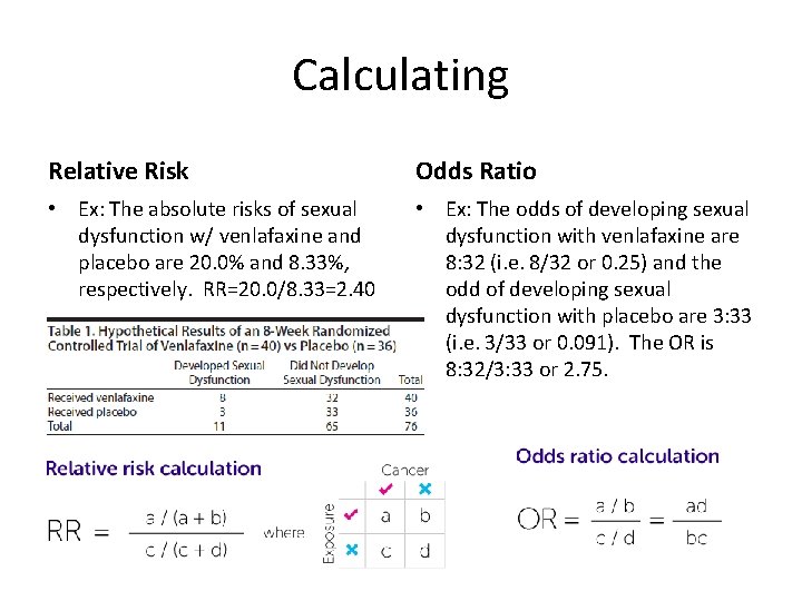 Calculating Relative Risk Odds Ratio • Ex: The absolute risks of sexual dysfunction w/