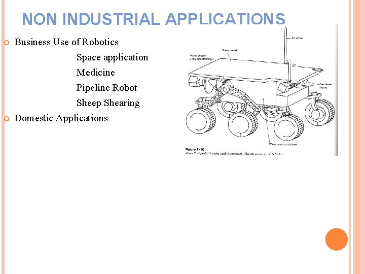 NON INDUSTRIAL APPLICATIONS Business Use of Robotics Space application Medicine Pipeline Robot Sheep Shearing