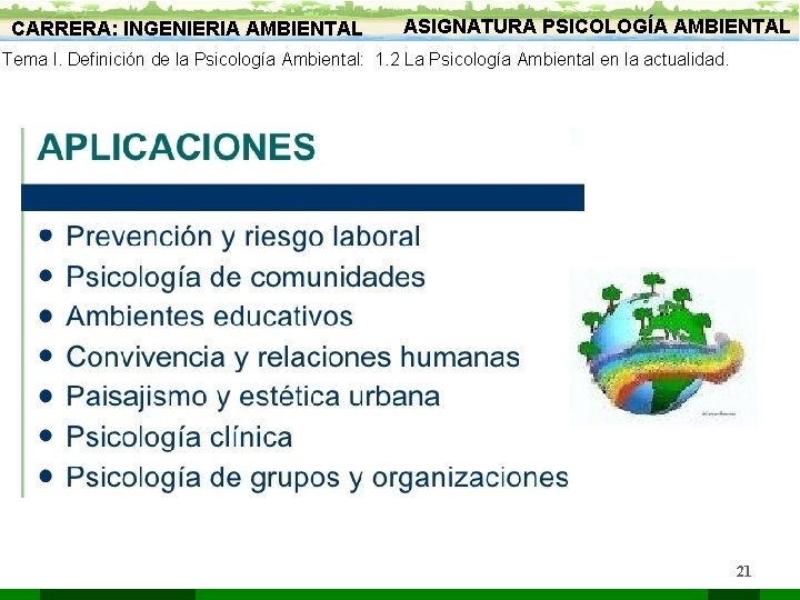 CARRERA: INGENIERIA AMBIENTAL ASIGNATURA PSICOLOGÍA AMBIENTAL Tema I. Definición de la Psicología Ambiental: 1.