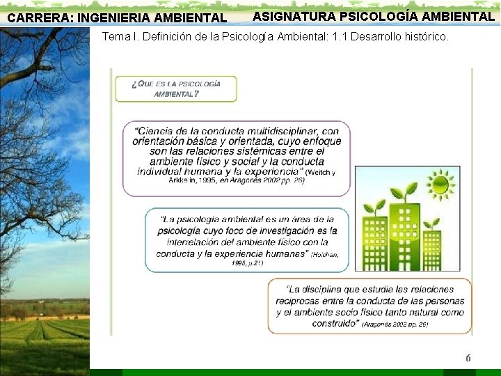 CARRERA: INGENIERIA AMBIENTAL ASIGNATURA PSICOLOGÍA AMBIENTAL Tema I. Definición de la Psicología Ambiental: 1.