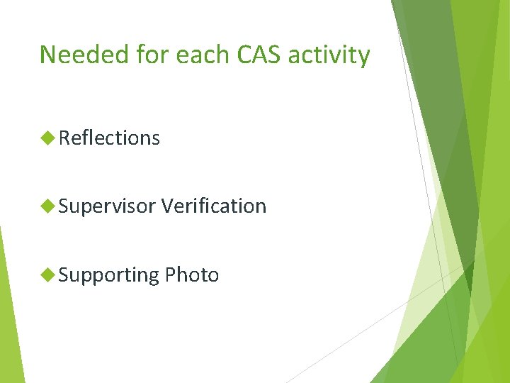 Needed for each CAS activity Reflections Supervisor Verification Supporting Photo 