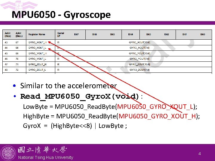 MPU 6050 - Gyroscope • Similar to the accelerometer • Read_MPU 6050_Gyro. X(void): Low.