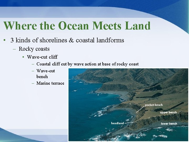 Where the Ocean Meets Land • 3 kinds of shorelines & coastal landforms –