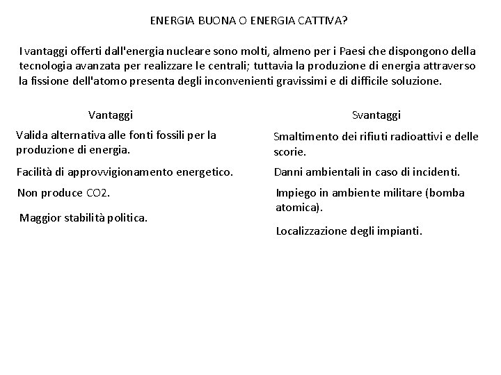 ENERGIA BUONA O ENERGIA CATTIVA? I vantaggi offerti dall'energia nucleare sono molti, almeno per