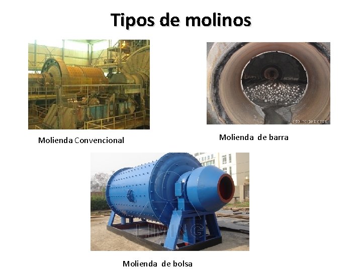 Tipos de molinos Molienda Convencional Molienda de bolsa Molienda de barra 