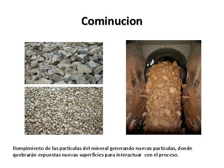 Cominucion Rompimiento de las partículas del mineral generando nuevas partículas, donde quebrarán expuestas nuevas