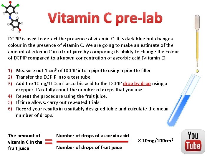 Vitamin C pre-lab DCPIP is used to detect the presence of vitamin C. It