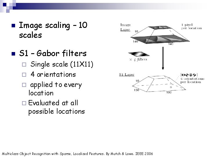 n n Image scaling – 10 scales S 1 – Gabor filters Single scale
