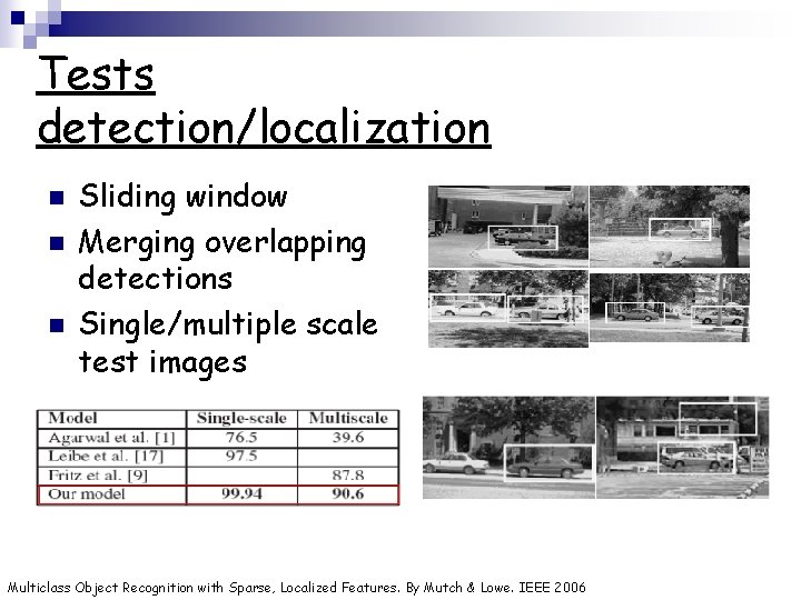 Tests detection/localization n Sliding window Merging overlapping detections Single/multiple scale test images Multiclass Object