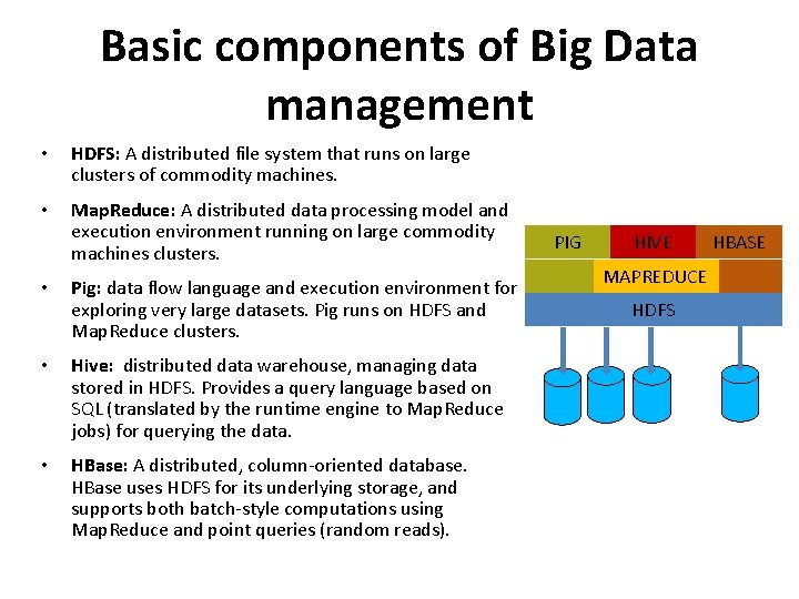 Basic components of Big Data management • HDFS: A distributed file system that runs