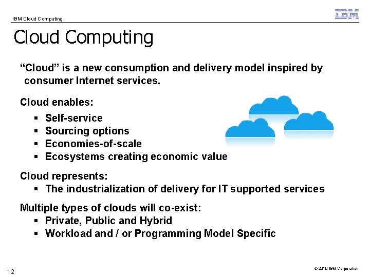 IBM Cloud Computing “Cloud” is a new consumption and delivery model inspired by consumer