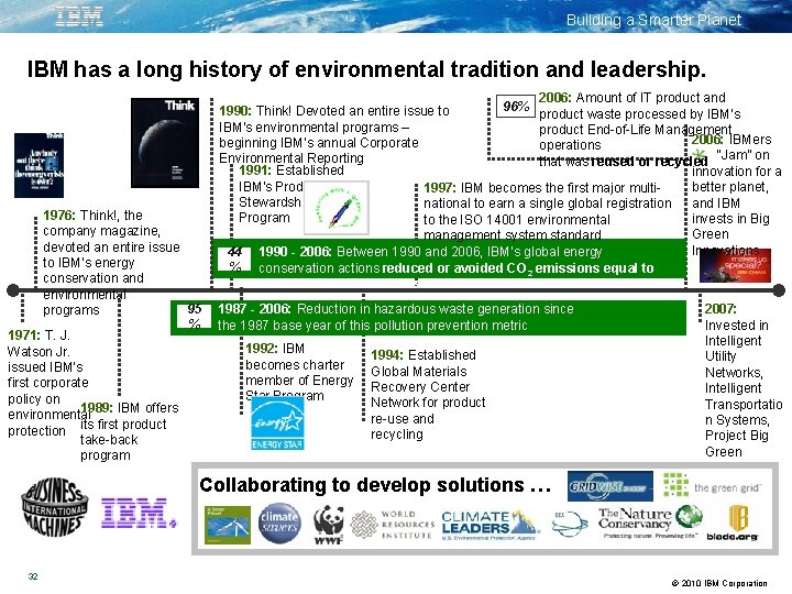 Building a Smarter Planet IBM has a long history of environmental tradition and leadership.