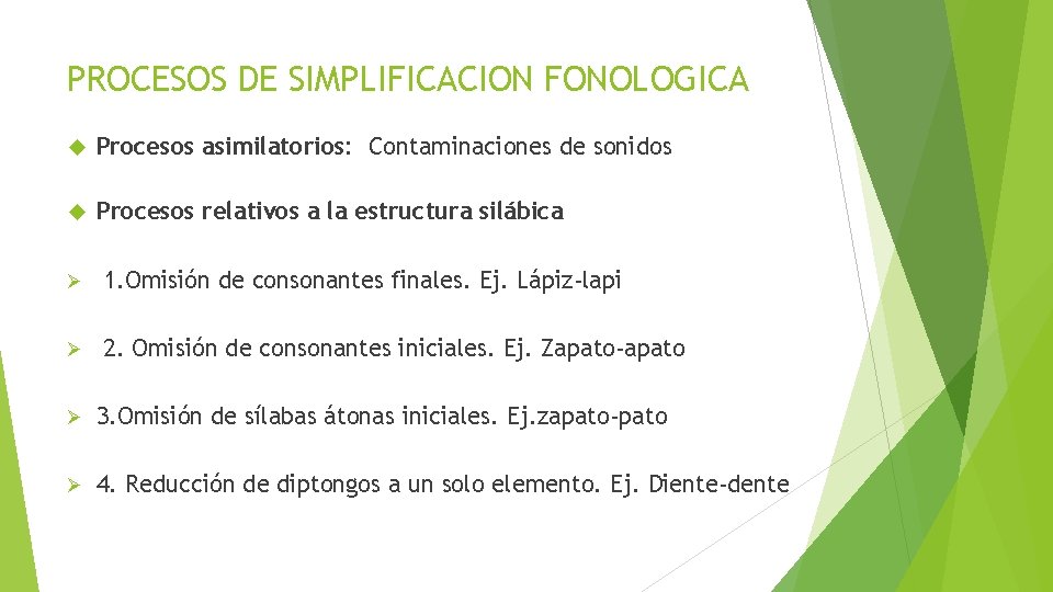 PROCESOS DE SIMPLIFICACION FONOLOGICA Procesos asimilatorios: Contaminaciones de sonidos Procesos relativos a la estructura