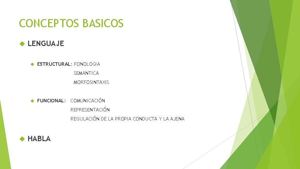 CONCEPTOS BASICOS LENGUAJE ESTRUCTURAL: FONOLOGIA SEMANTICA MORFOSINTAXIS FUNCIONAL: COMUNICACIÓN REPRESENTACIÓN REGULACIÓN DE LA PROPIA