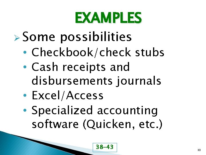Ø Some EXAMPLES possibilities • Checkbook/check stubs • Cash receipts and disbursements journals •