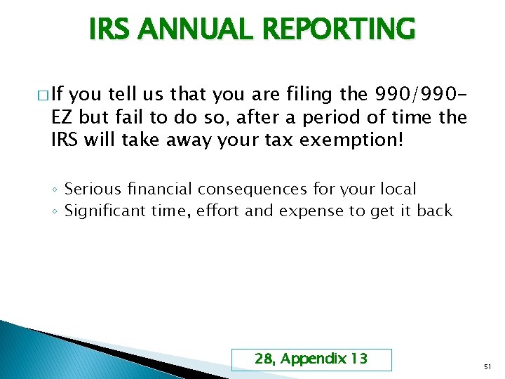 IRS ANNUAL REPORTING � If you tell us that you are filing the 990/990