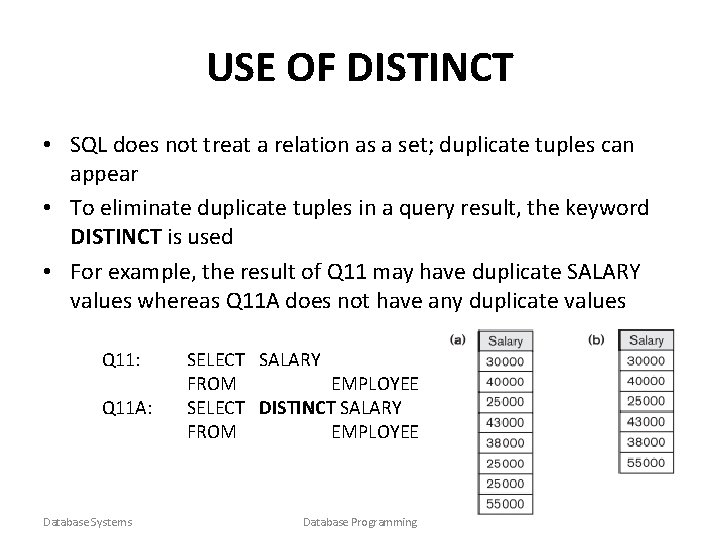 USE OF DISTINCT • SQL does not treat a relation as a set; duplicate