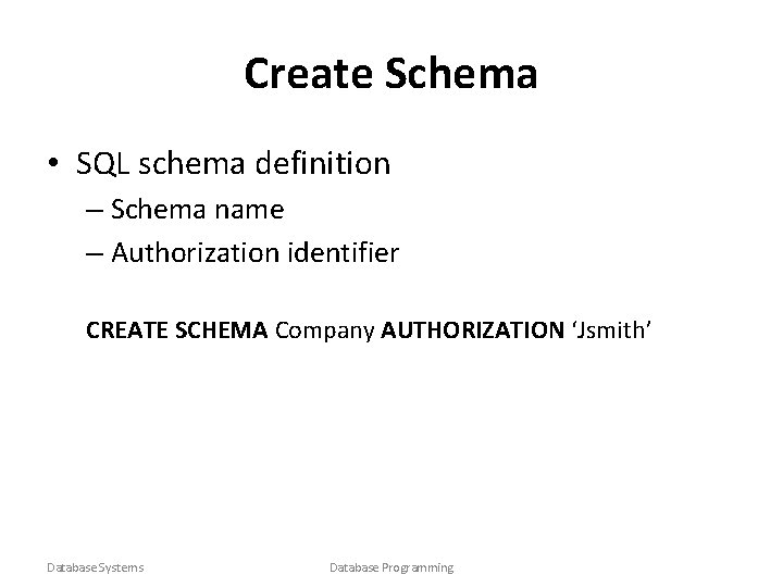 Create Schema • SQL schema definition – Schema name – Authorization identifier CREATE SCHEMA