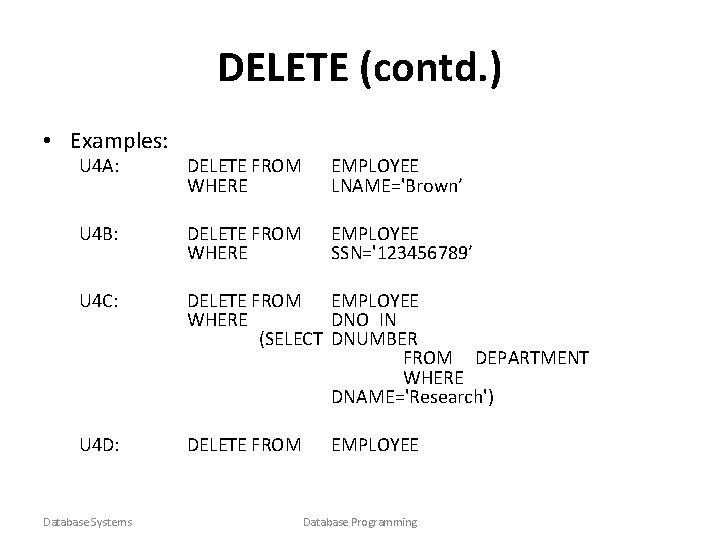 DELETE (contd. ) • Examples: U 4 A: DELETE FROM WHERE EMPLOYEE LNAME='Brown’ U