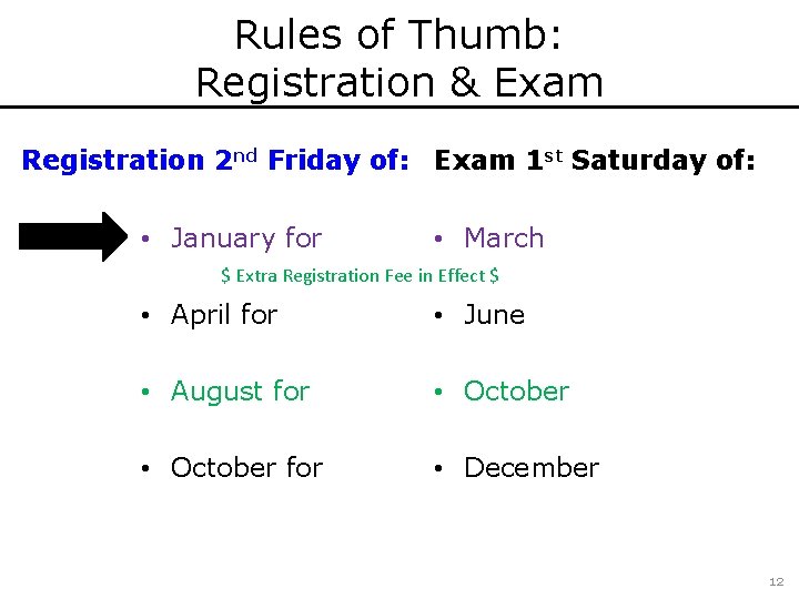 Rules of Thumb: Registration & Exam Registration 2 nd Friday of: Exam 1 st