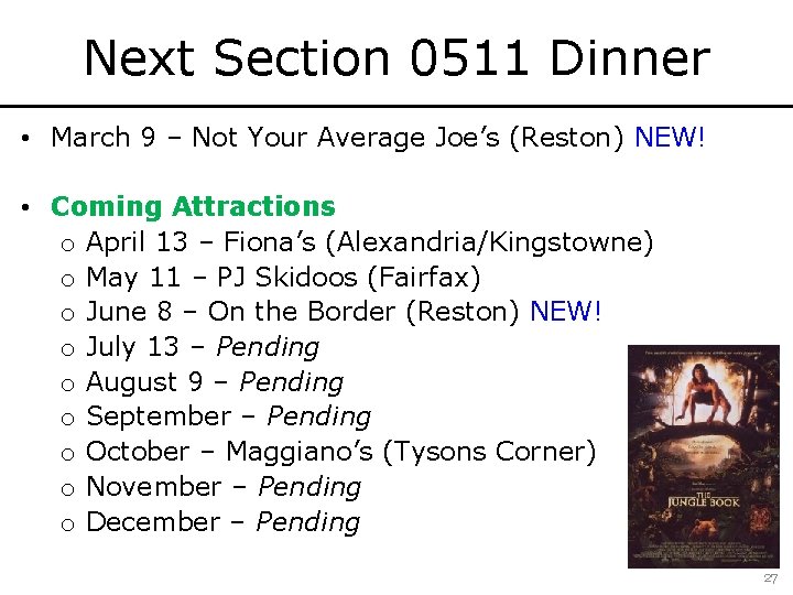 Next Section 0511 Dinner • March 9 – Not Your Average Joe’s (Reston) NEW!