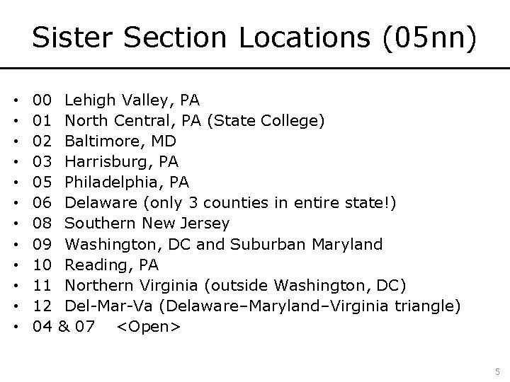 Sister Section Locations (05 nn) • • • 00 01 02 03 05 06