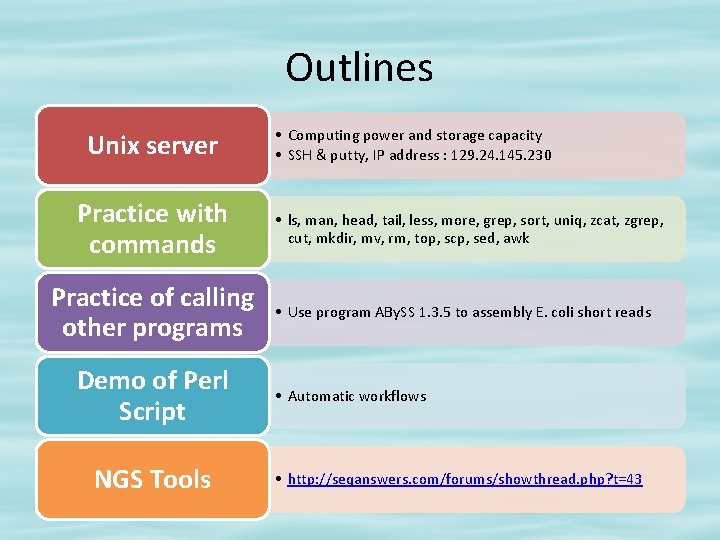 Outlines Unix server Practice with commands Practice of calling other programs Demo of Perl