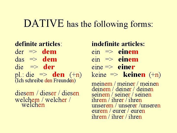 DATIVE has the following forms: definite articles: der => dem das => dem die