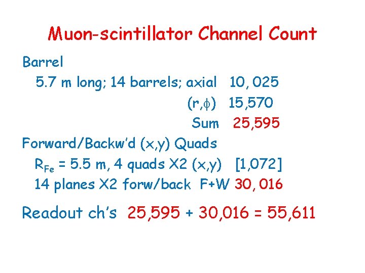 Muon-scintillator Channel Count Barrel 5. 7 m long; 14 barrels; axial 10, 025 (r,