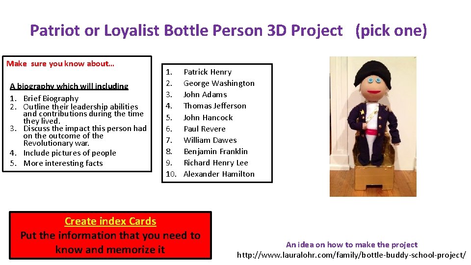 Patriot or Loyalist Bottle Person 3 D Project (pick one) Make sure you know