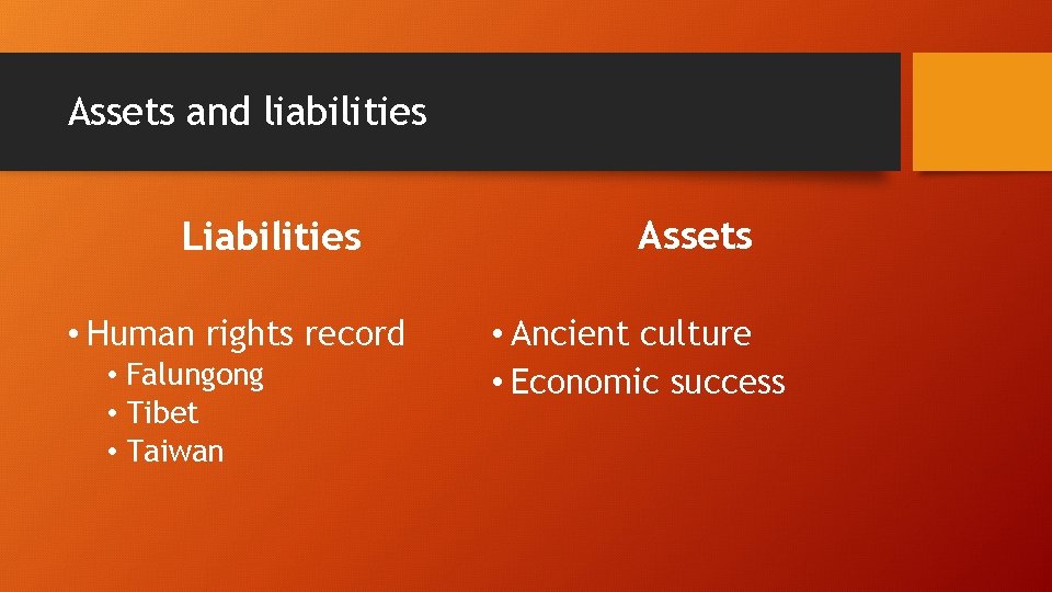 Assets and liabilities Liabilities • Human rights record • Falungong • Tibet • Taiwan