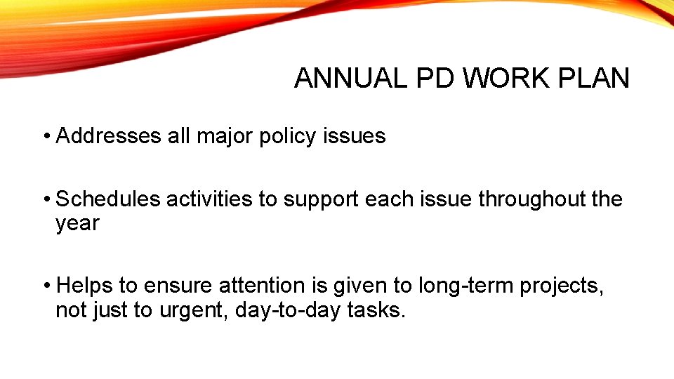 ANNUAL PD WORK PLAN • Addresses all major policy issues • Schedules activities to