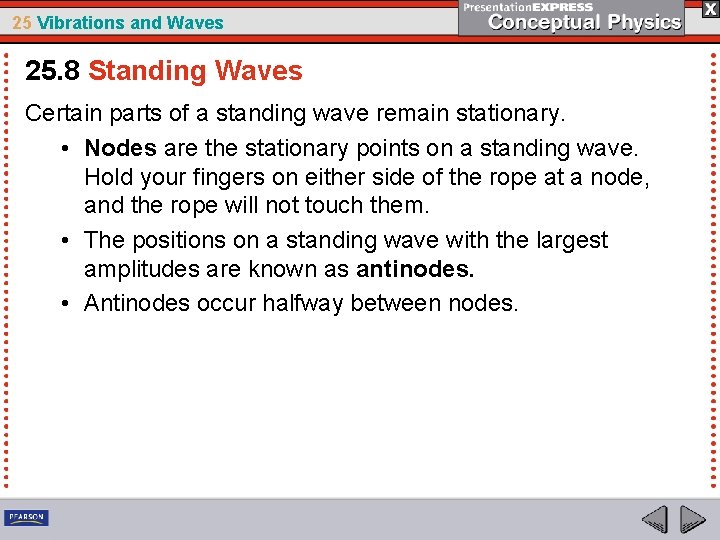 25 Vibrations and Waves 25. 8 Standing Waves Certain parts of a standing wave