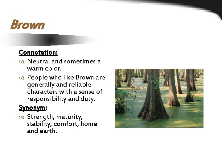 Brown Connotation: Neutral and sometimes a warm color. People who like Brown are generally