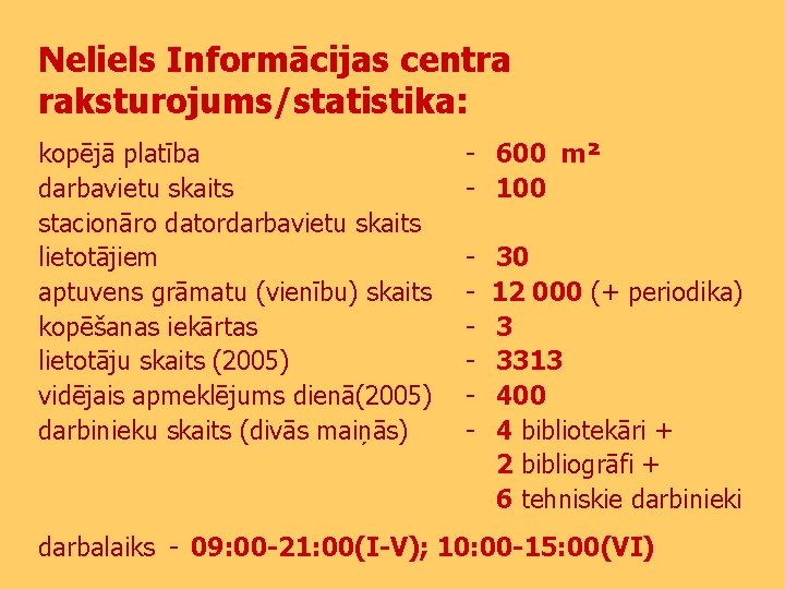 Neliels Informācijas centra raksturojums/statistika: kopējā platība darbavietu skaits stacionāro datordarbavietu skaits lietotājiem aptuvens grāmatu